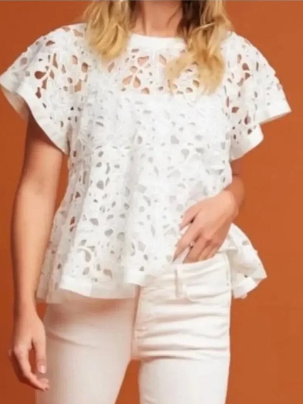Anthropologie Eri & Ali White Lace Boho Blouse L Remy Flutter Sleeve Cottagecore
